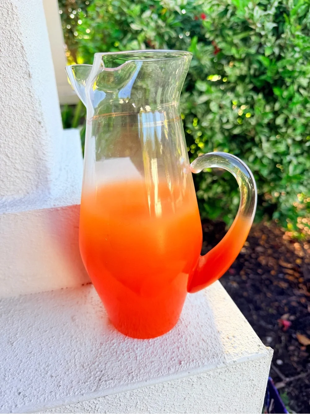Vintage Orange Ombré Art Glass Pitcher Clear Applied Handle Wavy Rim